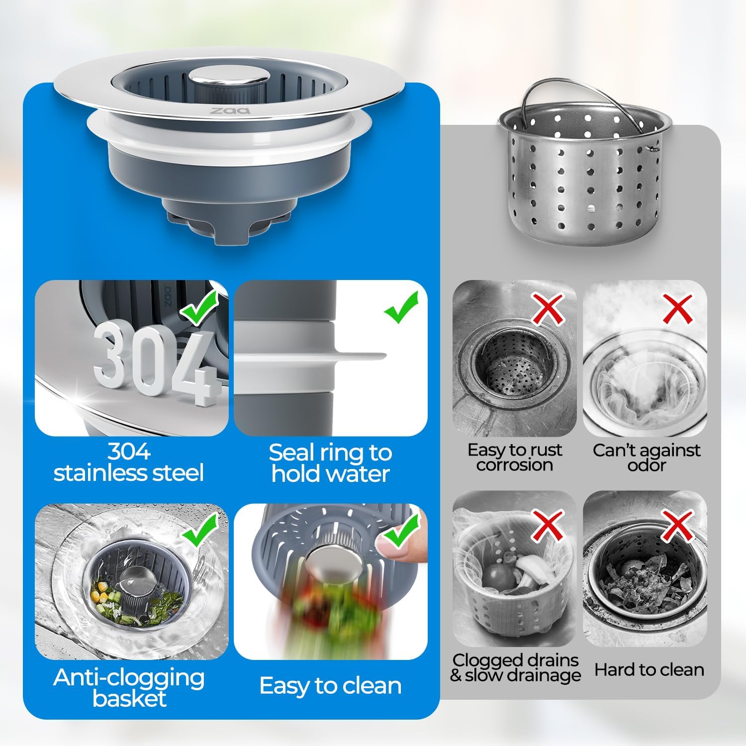 Thumbnail 4 de zaa 3-in-1 Sink Drain Strainer and Stopper for 3-1/2 in Sink Holes (Silver)