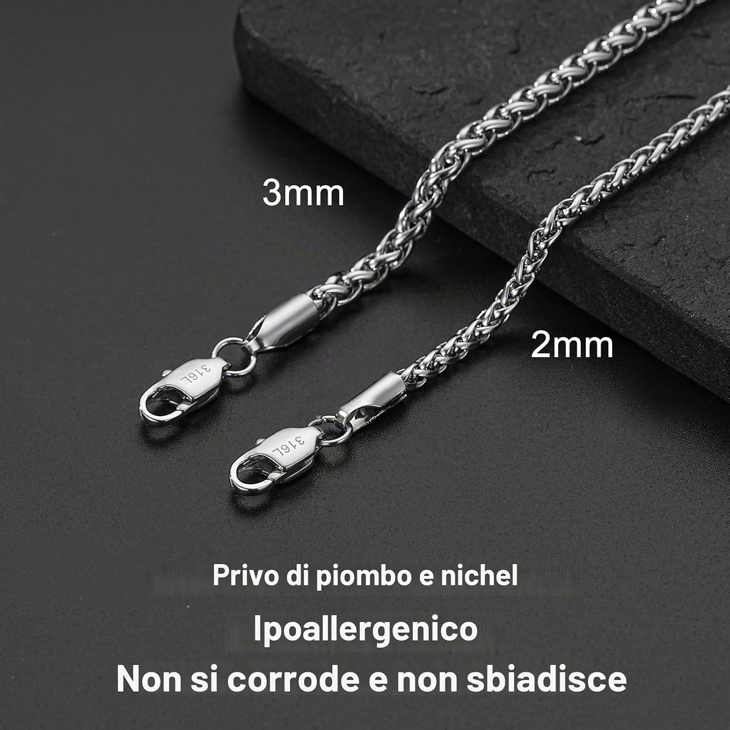 Detalle 2 de Esmoly Collana Uomo Catenina in Acciaio Inossidabile 316L – 2/3/5mm, 16–24 pollici