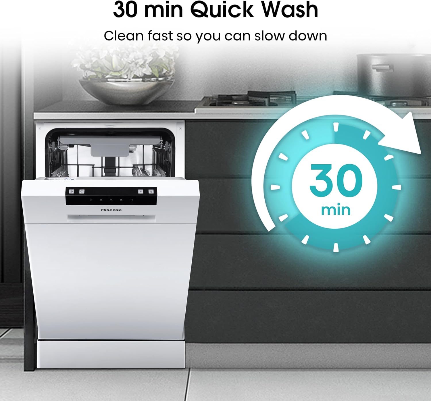 Detalle de Hisense HS523E15WUK Slimline 10-Place Free Standing Dishwasher (White) with 30 Minutes Quick Wash