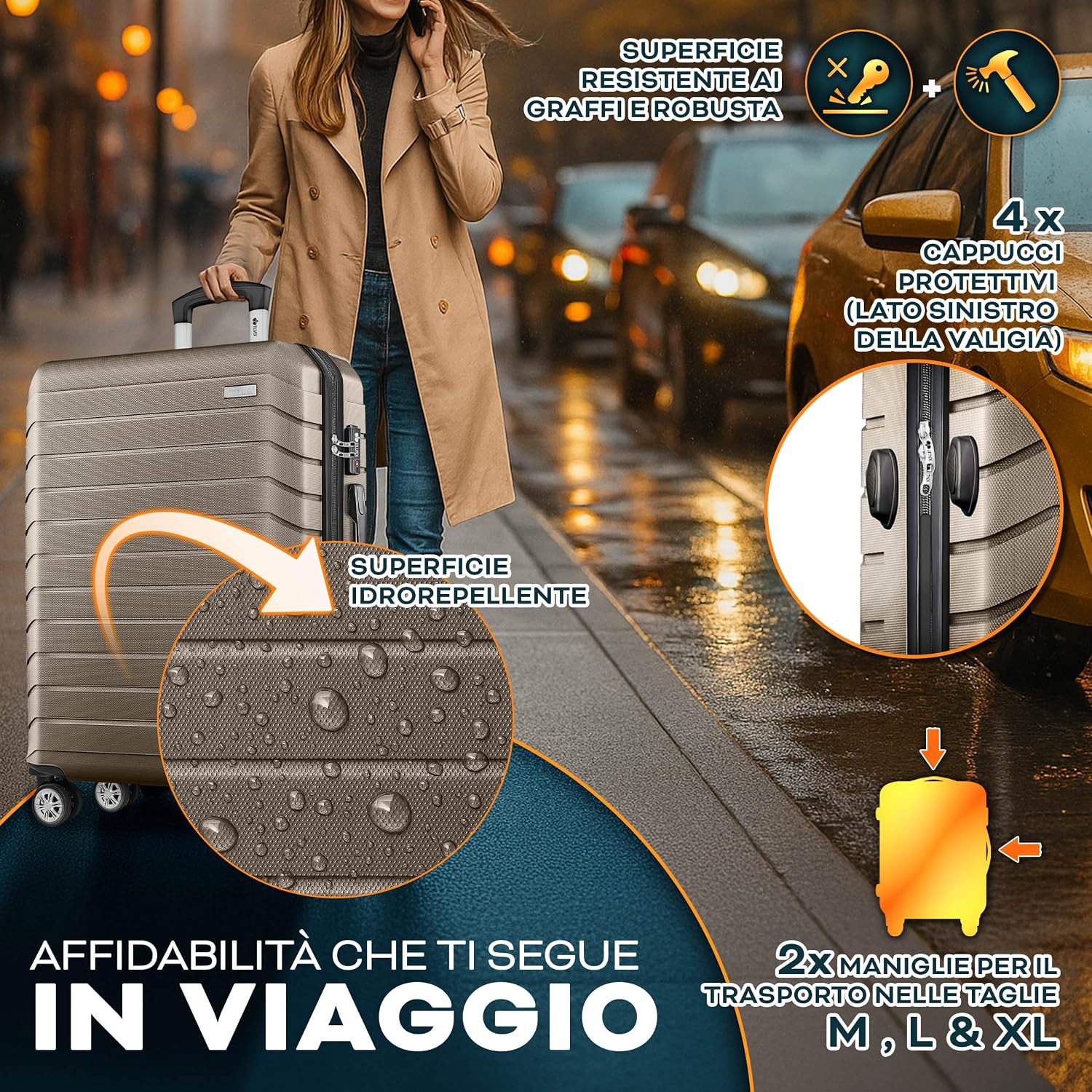 Thumbnail 6 de tillvex Set di 3 valigie da viaggio con bilancia, cinture e etichette | Trolley TSA in ABS dorato