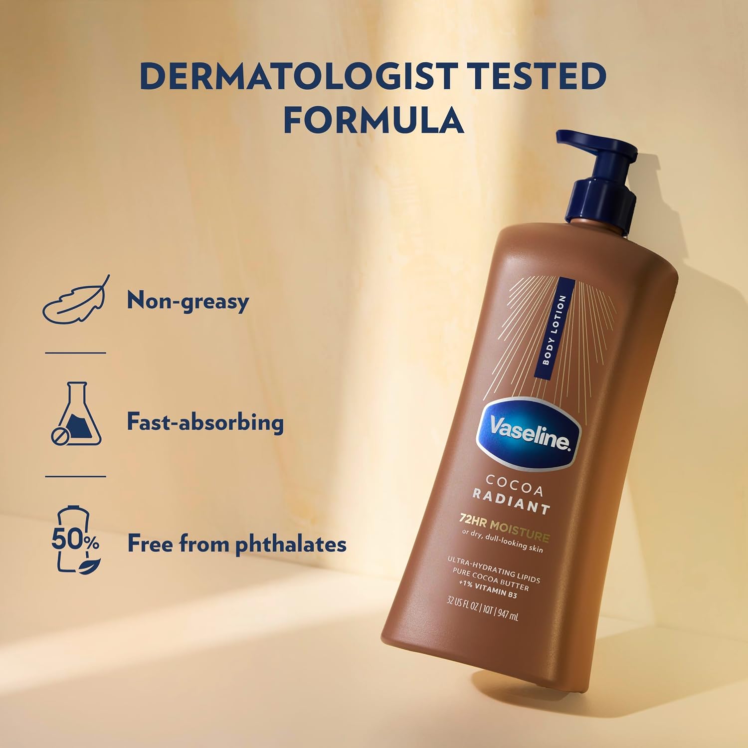 Detalle de Vaseline Cocoa Radiant 10305210142555 Body Lotion, 32 oz with Cocoa Butter