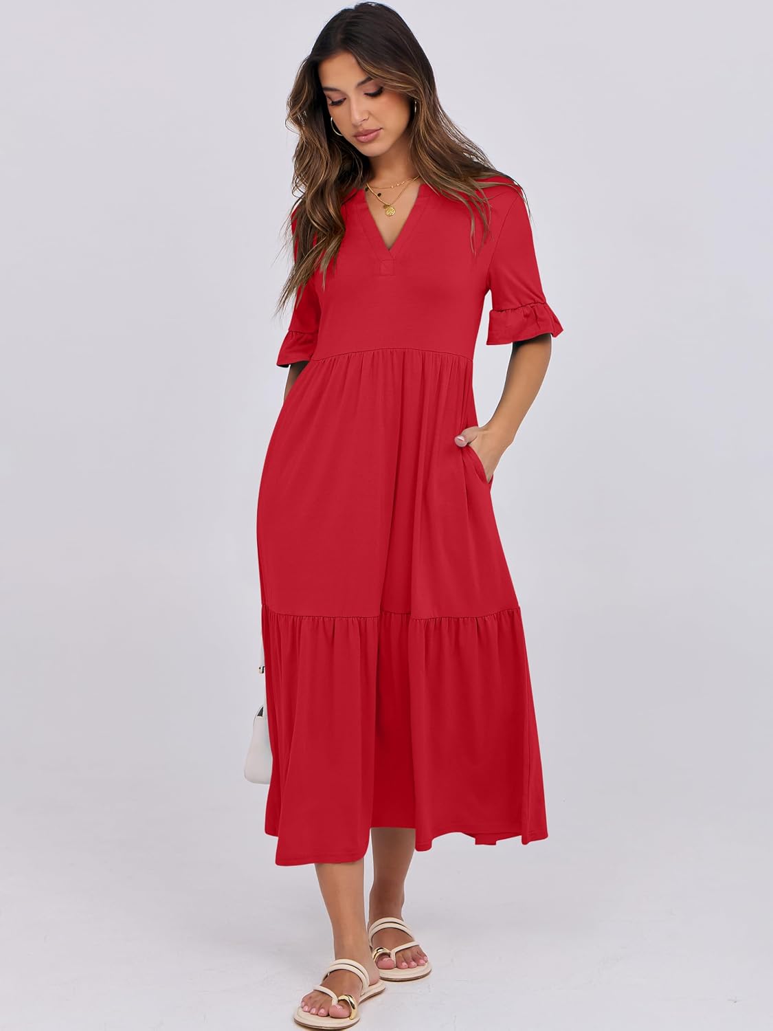 Detalle de ANRABESS Womens Summer Maxi Dress: Casual Ruffle Sleeve V-Neck Boho Midi-Vibe