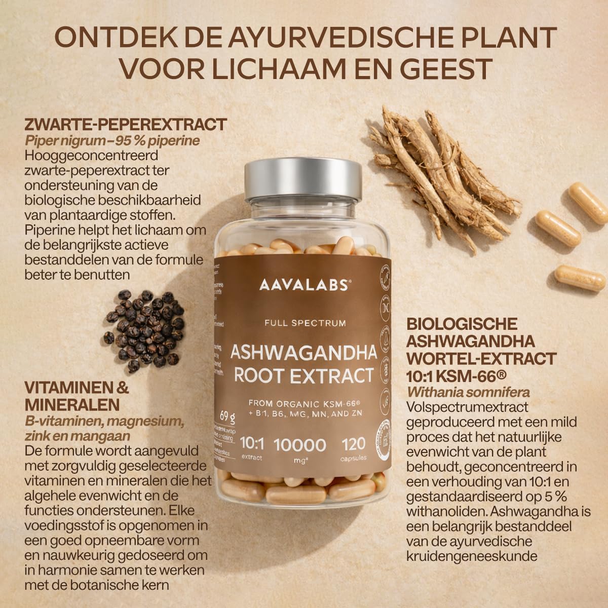 Thumbnail 3 de AAVALABS KSM-66 Ashwagandha, 1000 mg met zwarte peper en vitamines