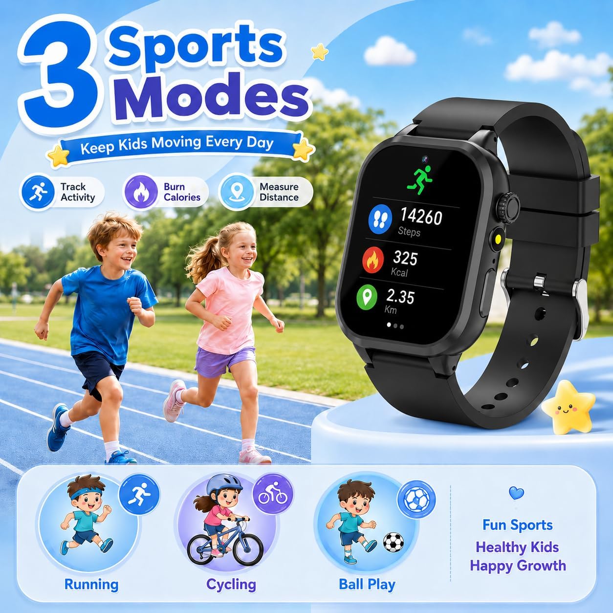 Detalle de ELEJAFE Kids Smart Watch: 32 Games, Habit Tracking, 3 Sports & Learn Cards