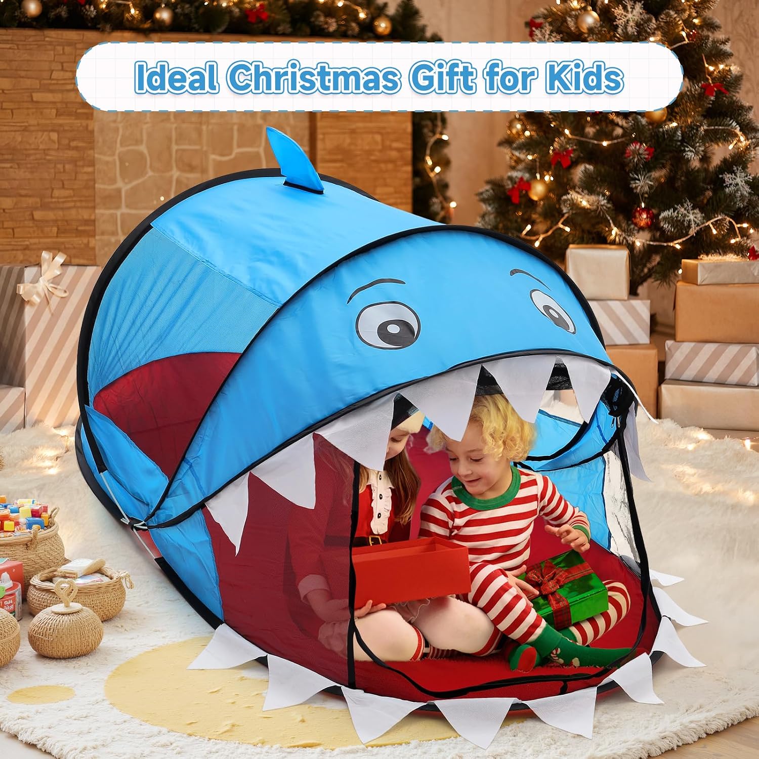 Detalle de BTGGG Kids Pop Up Tent (Blue Shark) – foldable play tent for toddlers 2–4 years, indoor & outdoor