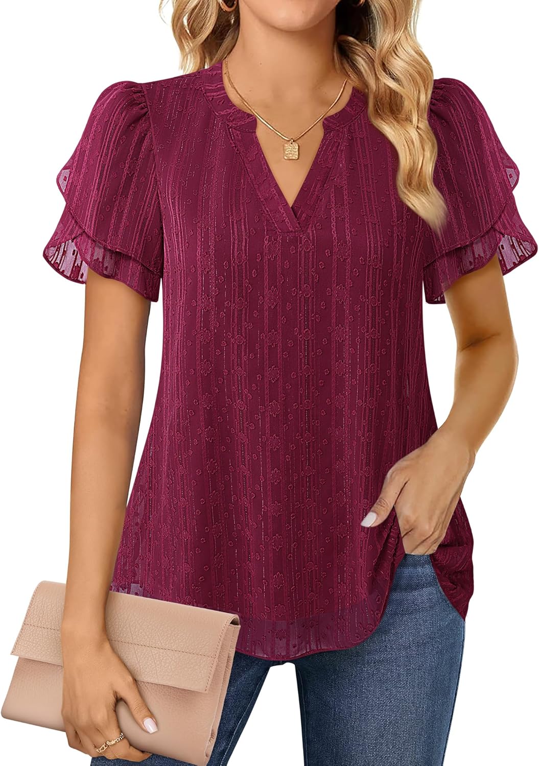 Thumbnail 1 de Lotusmile Women's Dressy Chiffon Blouses: Summer Puff Petal Short Sleeve V-Neck Top