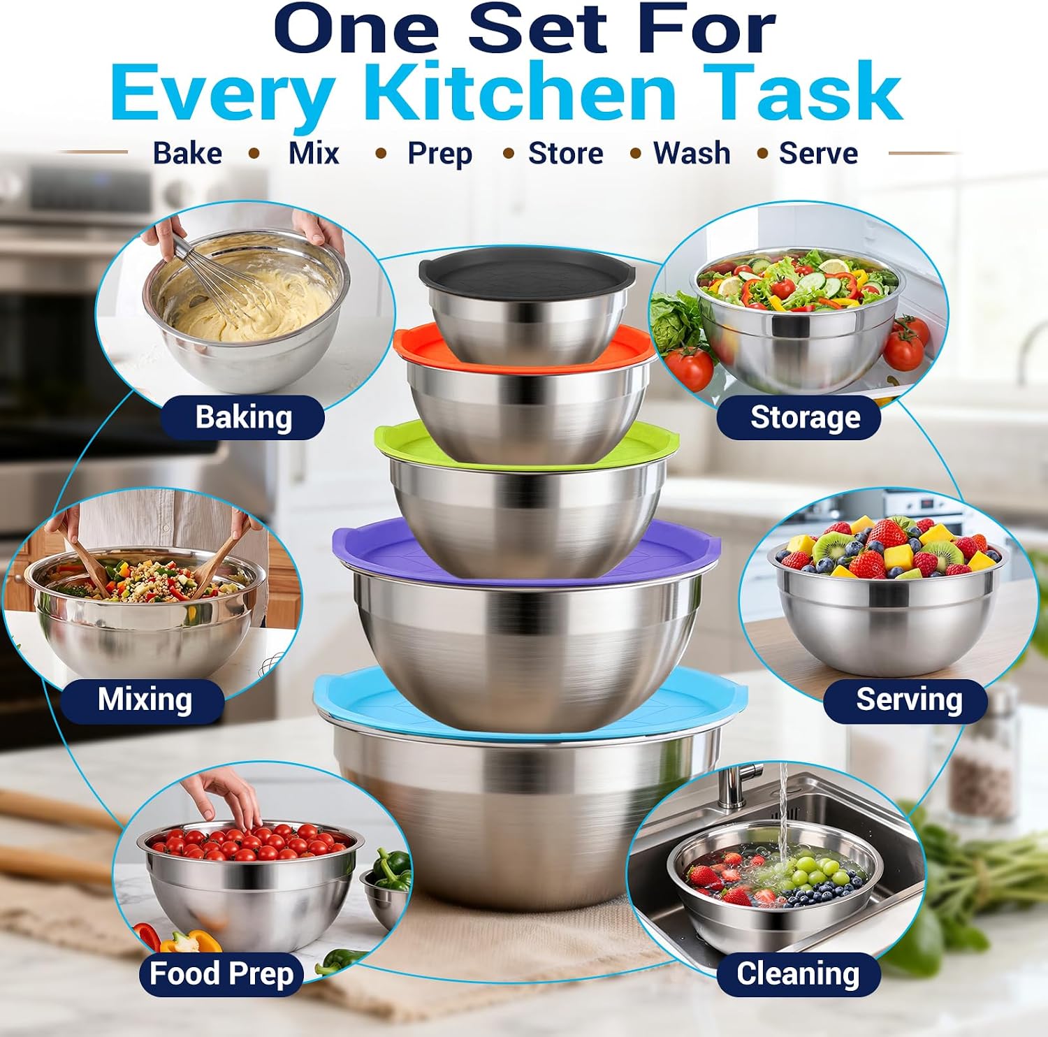 Detalle de WEPSEN Mixing Bowls with Lid Set (25PCS) — Stainless Steel Nesting Bowls for Baking, Prep, Mixing & Storage