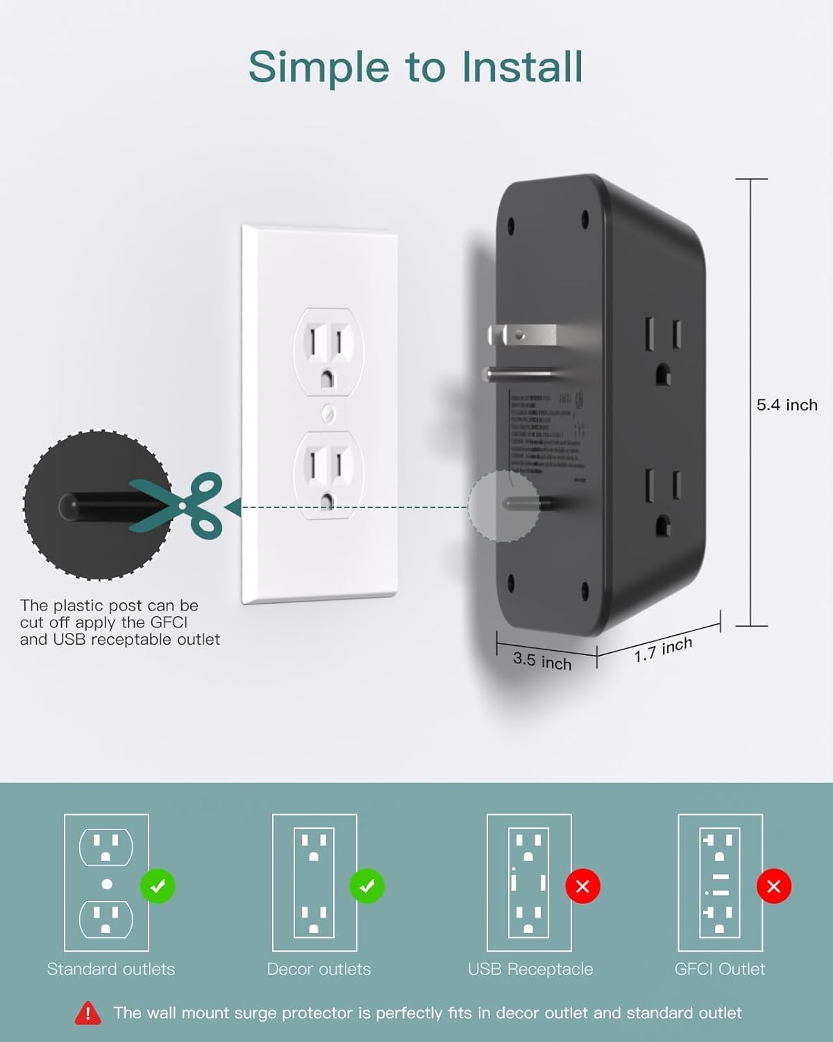 Detalle 1 de Addtam AD5004 Outlet Extender, 5 AC Outlets, 4 USB Ports, 1800J