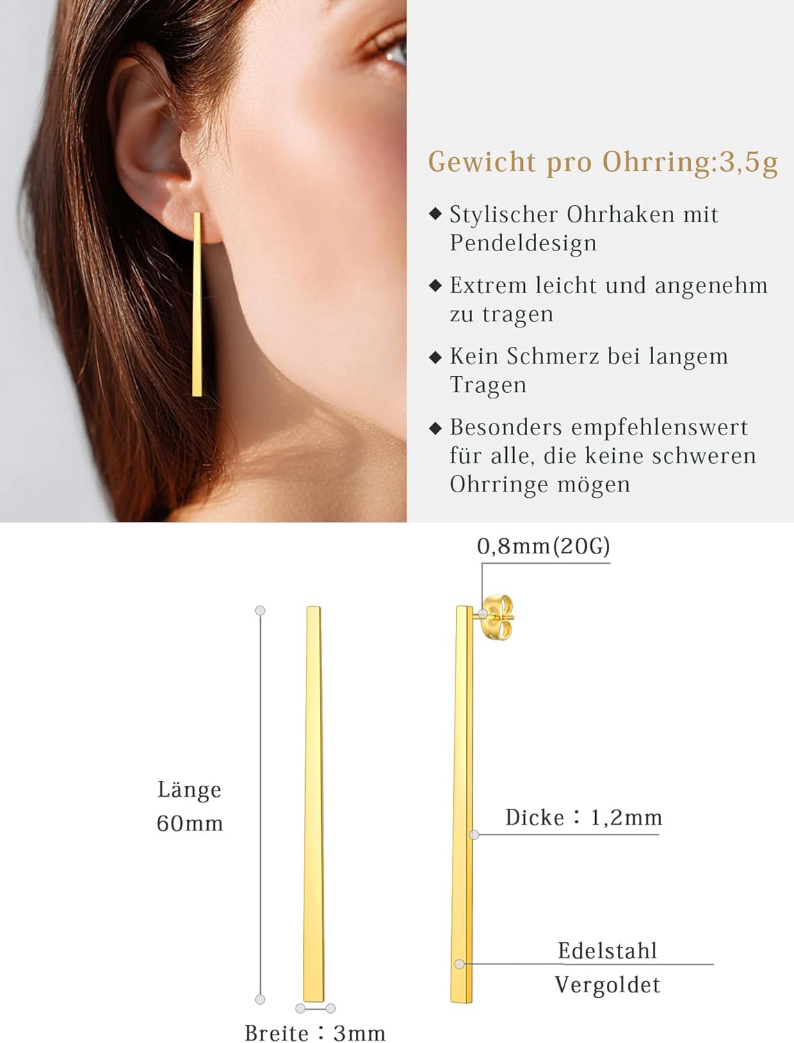 Thumbnail 6 de FindChic Edelstahl Stab Ohrringe Damen Lang – Minimalistische Statement Ohrringe in Gold, Silber Schwarz