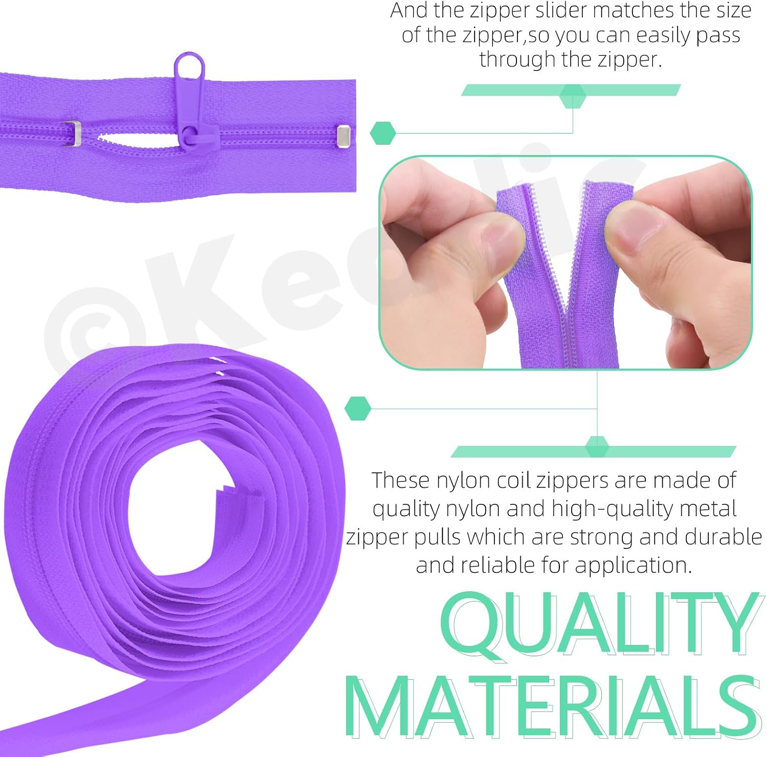 Detalle de Keadic 81Pcs #5 Nylon-Reißverschluss-Set mit 10 Yard, Helles Violett – inklusive Schiebern, Stops und Zähnen