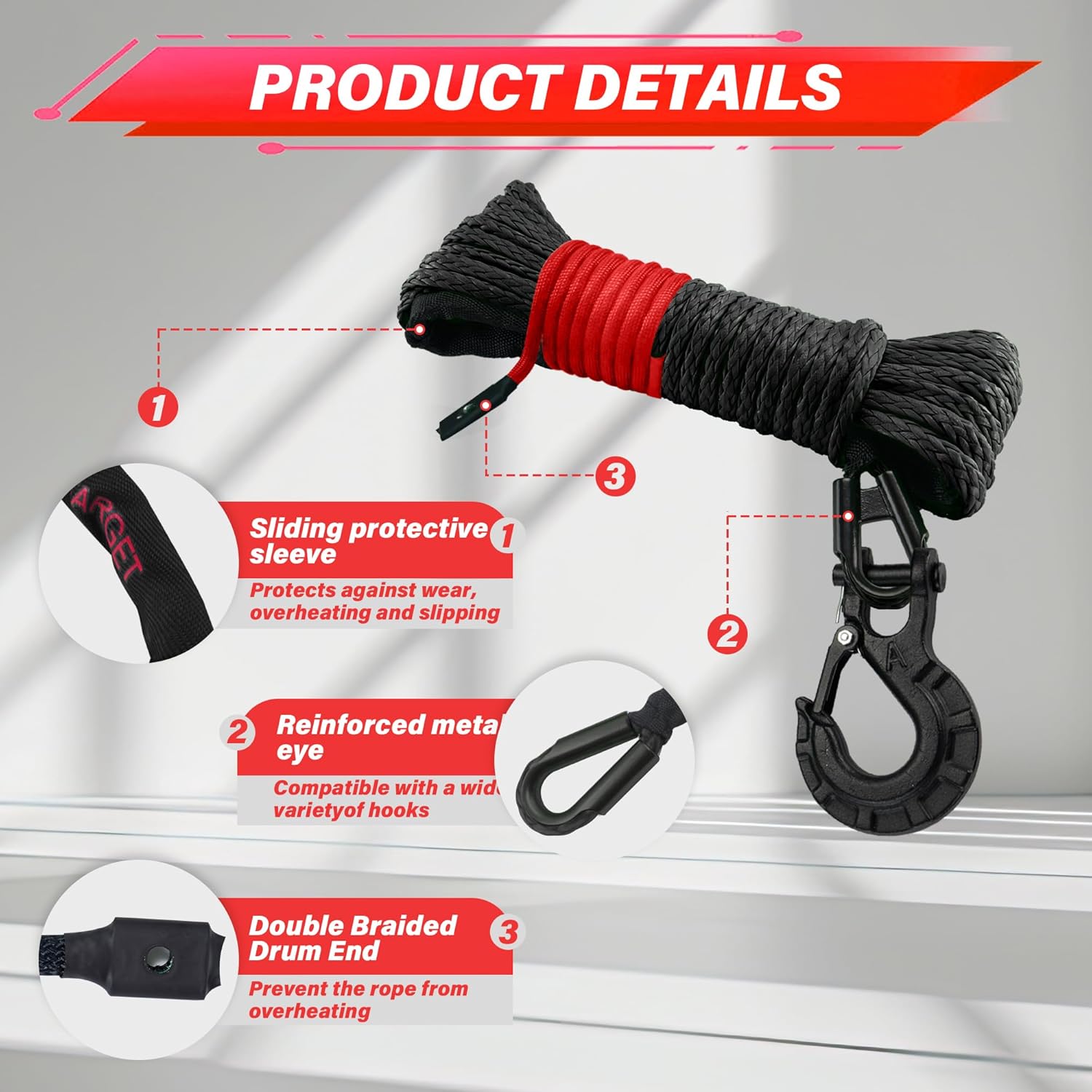 Thumbnail 2 de TYT Off-Road Winch Rope Kit (1/4 in x 50 ft) Synthetic Cable, 10,000 lb w/ Protective Sheath, Hook, Safety Strap & Stopper (JPS1450IG)