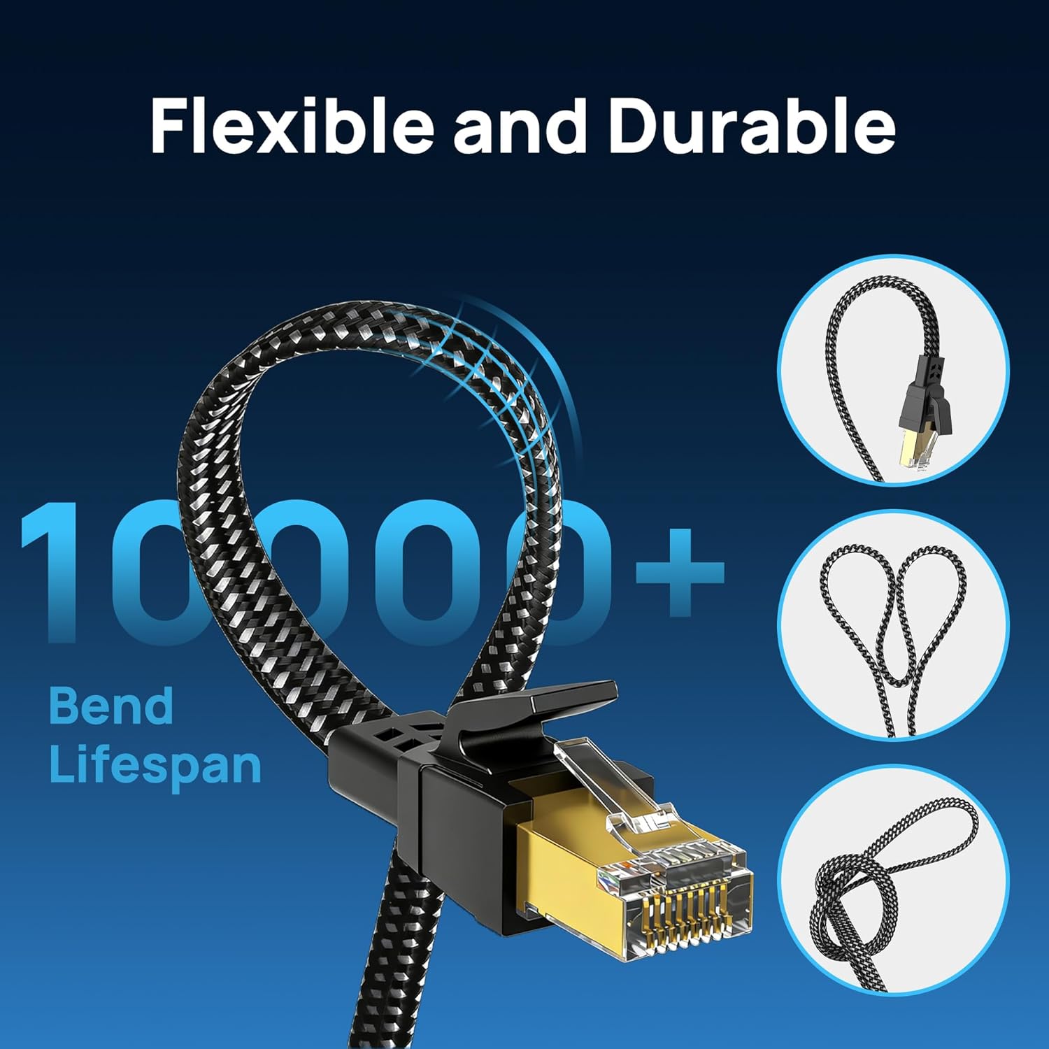 Thumbnail 4 de Cat 8 Ethernet Cable (10 ft) Nylon Braided, Flat SFTP RJ45 Shielded Patch Cord for Gaming, PC, Modem/Router