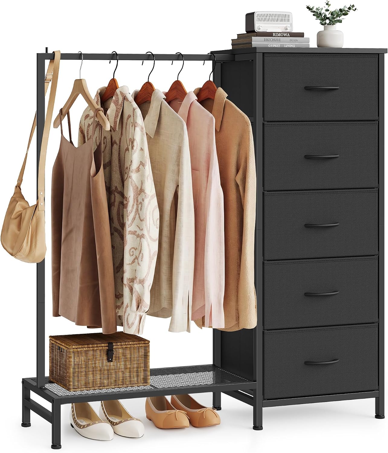 Detalle de SONGMICS LGS423B101 kledingrek met 5 laden, stang en schoenenrek, inktzwart
