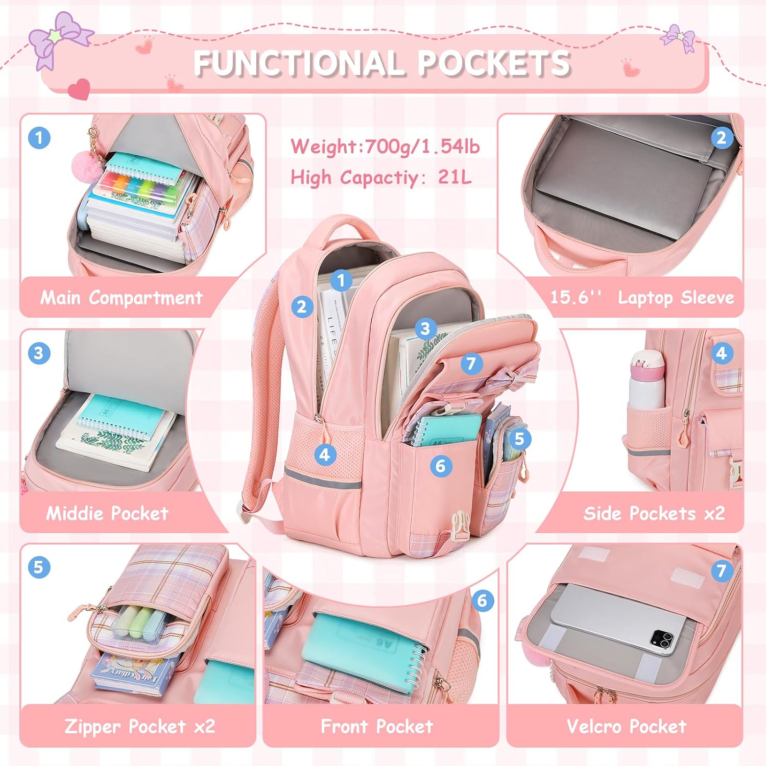 Detalle 2 de QIXIHU Girls Backpack: Plaid School Bag with Pencil Case for Young Students