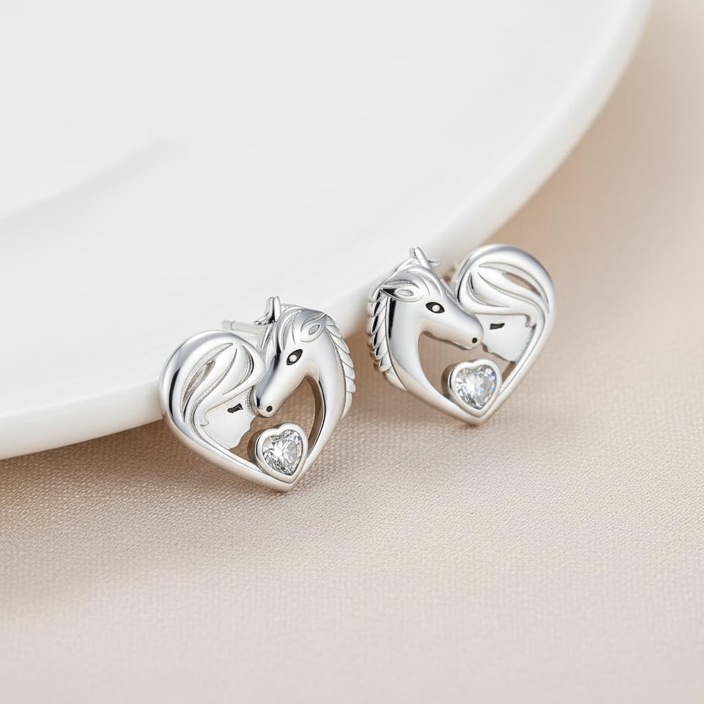 Detalle de J.MUEN Boucles d'oreilles Chat/Licorne/Cheval en Argent Sterling 925 – Design cœur pour femme
