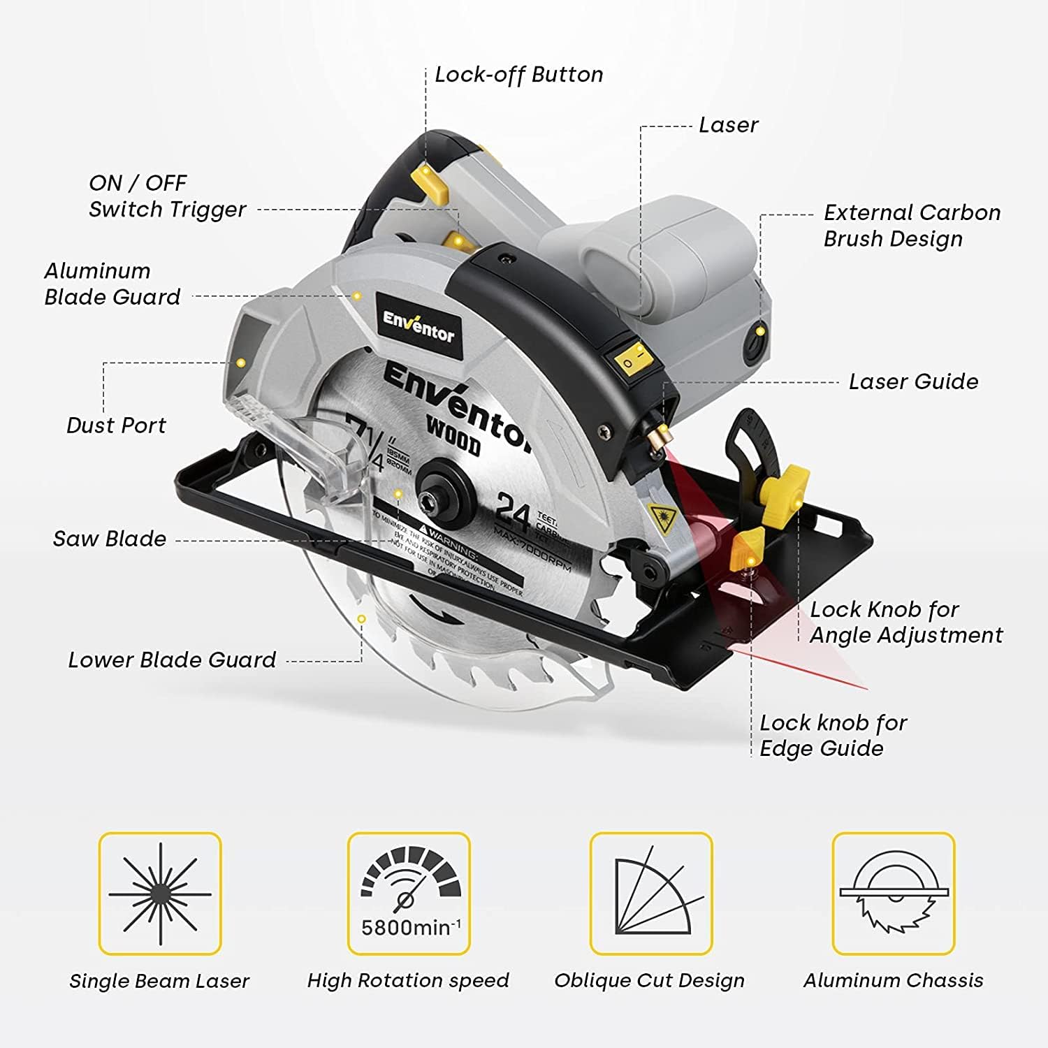 Detalle 2 de Enventor Enventor Circular Saw (1200W) with Laser Guide, 185mm Blades and Adjustable Depth