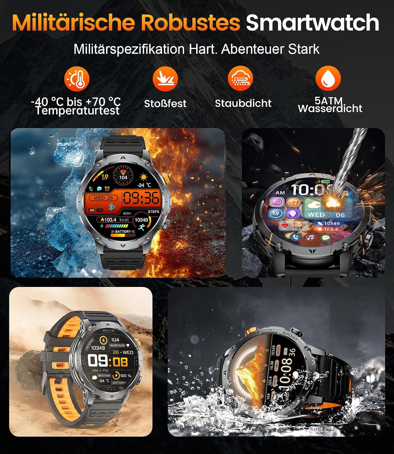 Thumbnail 2 de SUNKTA Smartwatch Herren Militär 1,7 Zoll