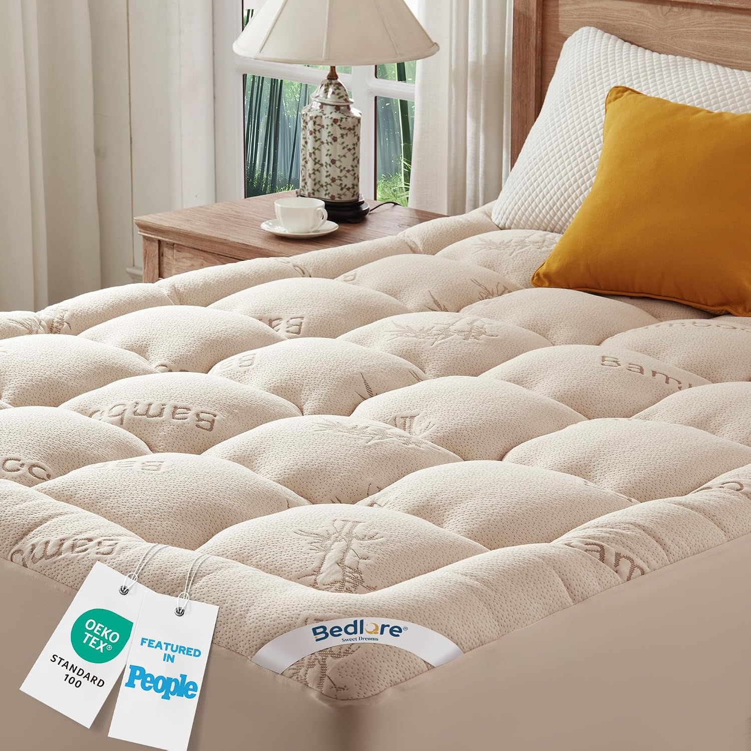 Detalle de BEDLORE Matratzentopper 160x200 cm aus Bambusfaser-Viskose – Beigefarbene Auflage mit tiefen Taschen