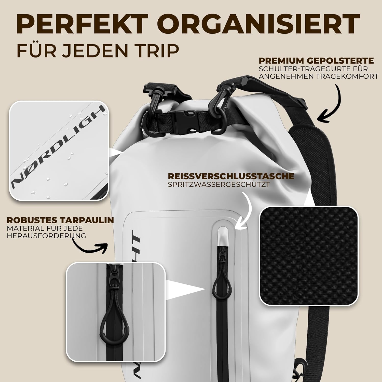 Thumbnail 6 de Nordlight Dry Bag 20 Liter wasserdichte Tasche mit Handyhülle (Roll-Top) und Schultergurt – weiß