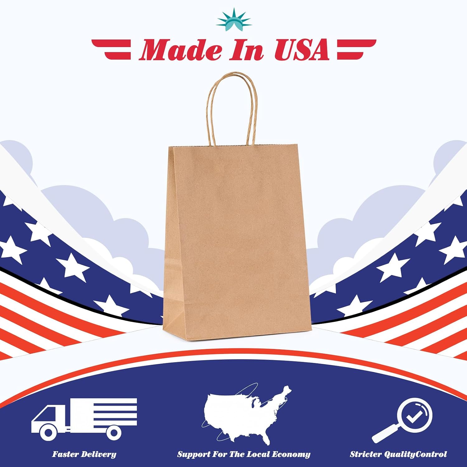 Thumbnail 4 de GSSUSA 100 Pack Small Brown Paper Gift Bags with Handles (5.25 x 3.75 x 8 in) — Made in USA