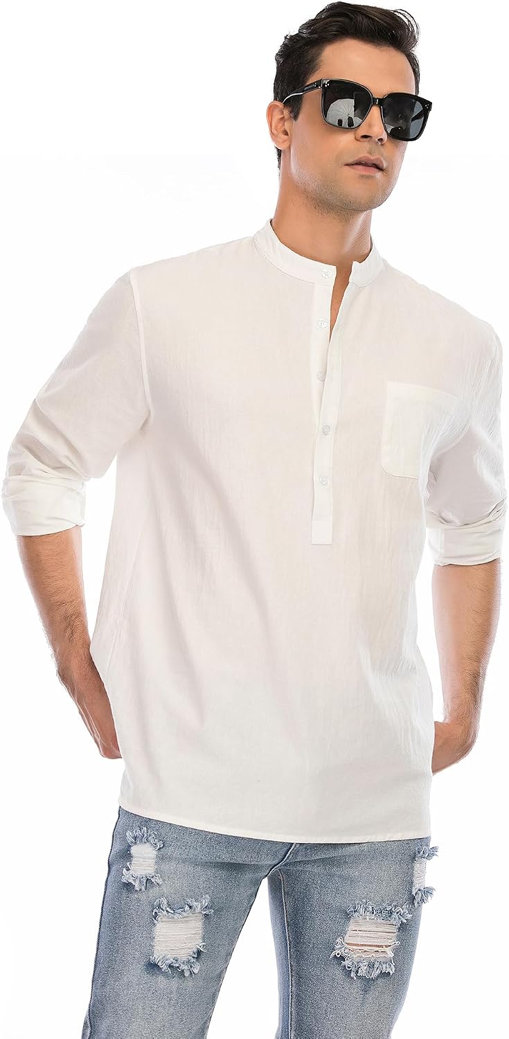 Thumbnail 1 de LVCBL Mens Casual Cotton Shirt Long Sleeve Band Collar Henley Shirt Tops