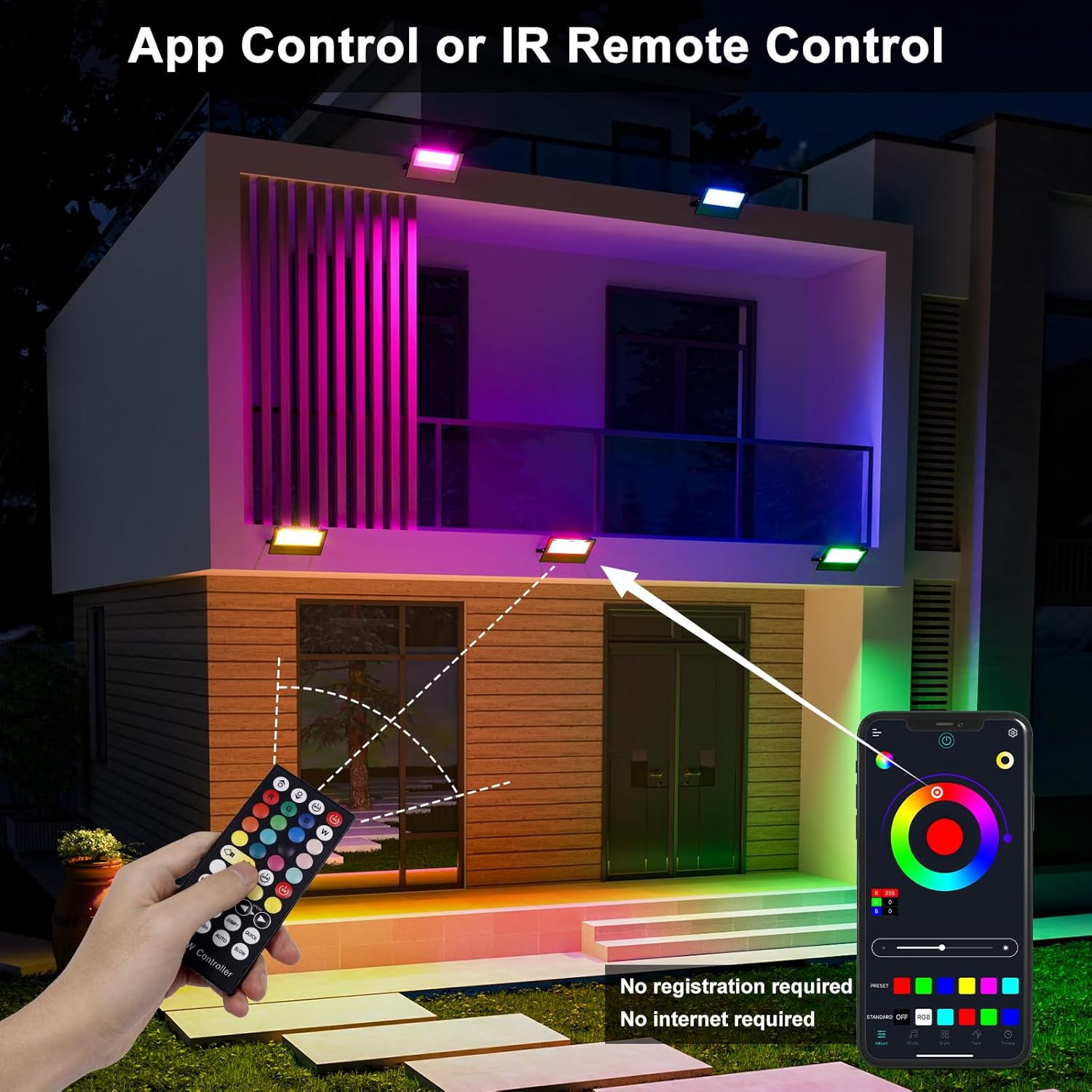 Thumbnail 2 de Flood Lights Outdoor 50W Smart RGB LED Floodlight (4 Pack) with Remote & Bluetooth App Control