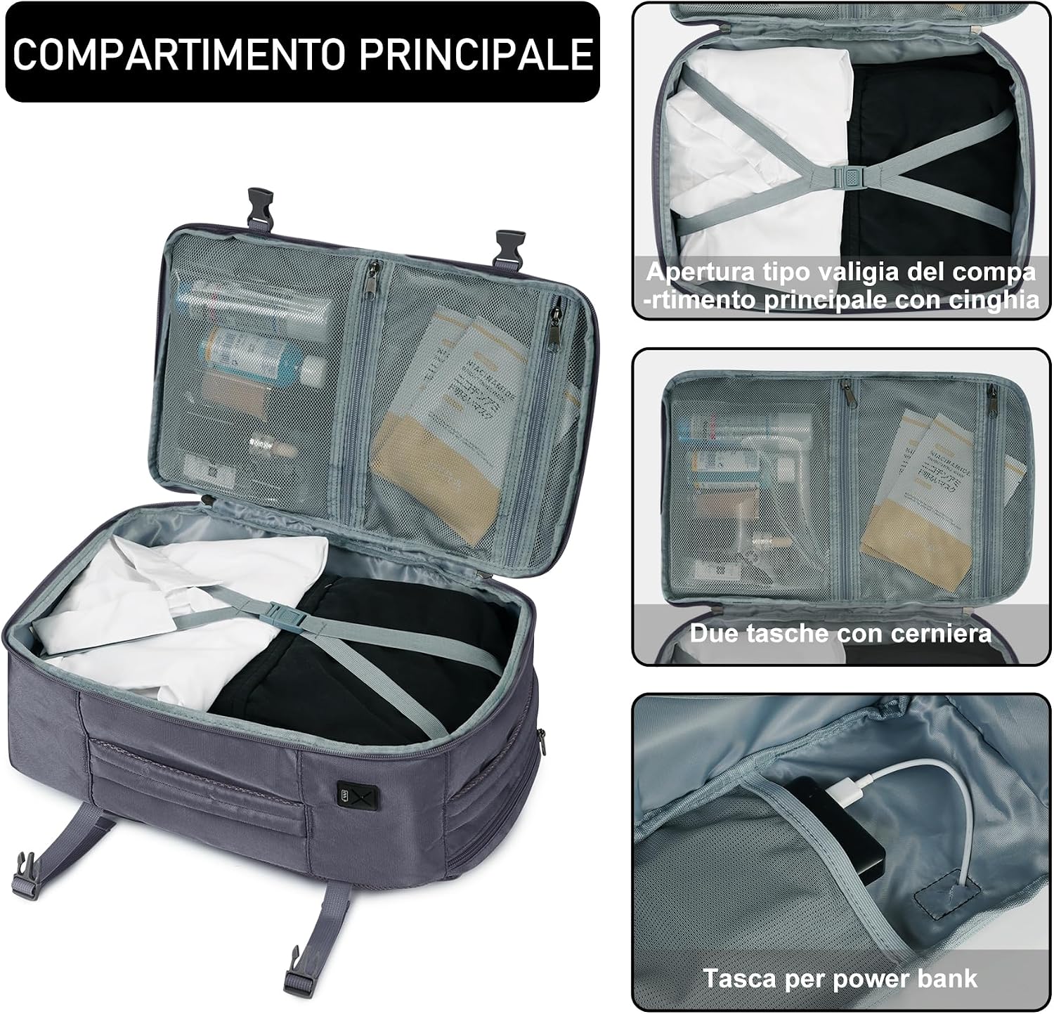 Detalle 2 de ECOHUB Zaino Ryanair 40x20x25 20L: Zaino da Cabina in PET Riciclato, 13 Tasche, Grigio Azzurro