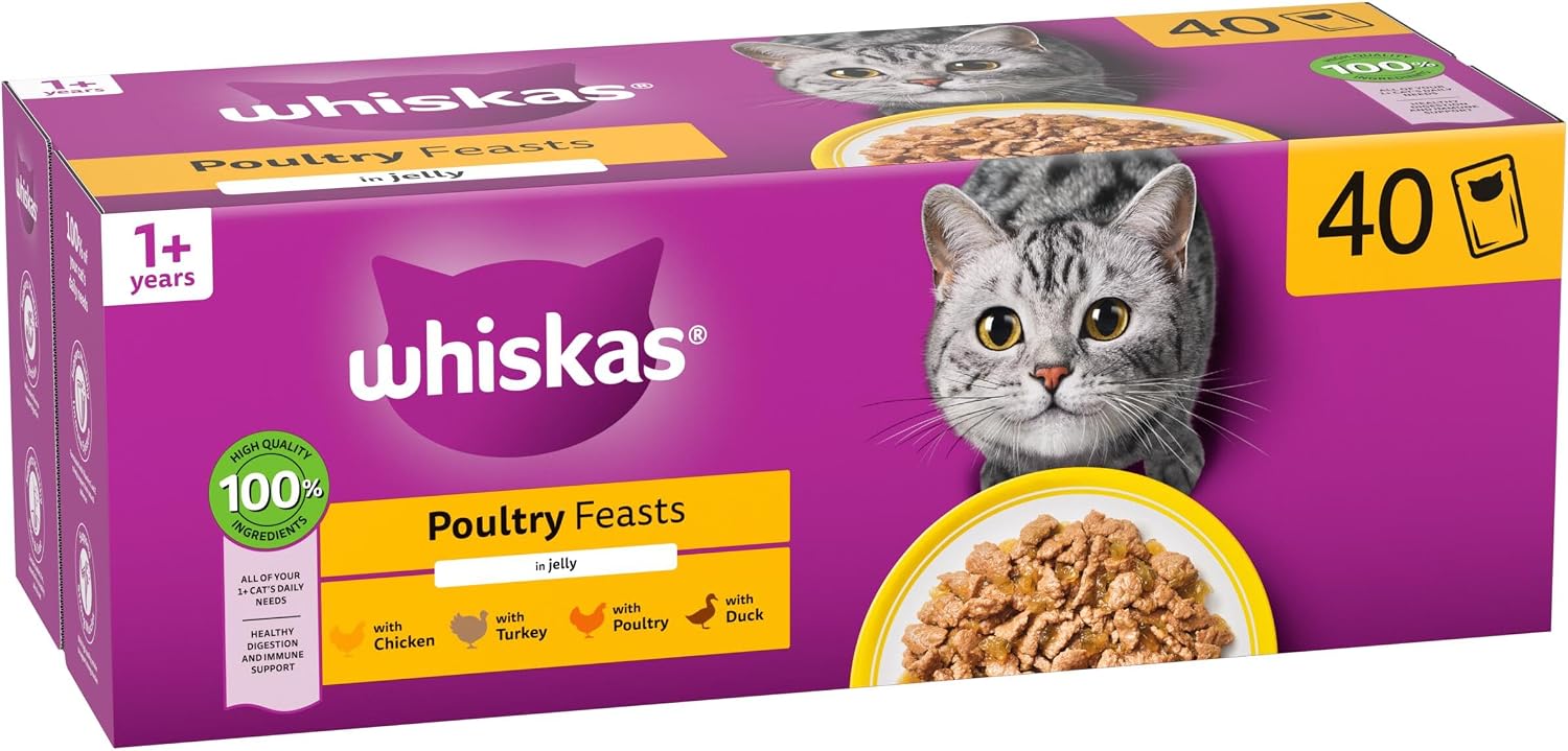 Detalle de Whiskas Adult Wet Cat Food in Jelly Poultry Feasts 40x85g — A practical daily dinner for 1+ cats