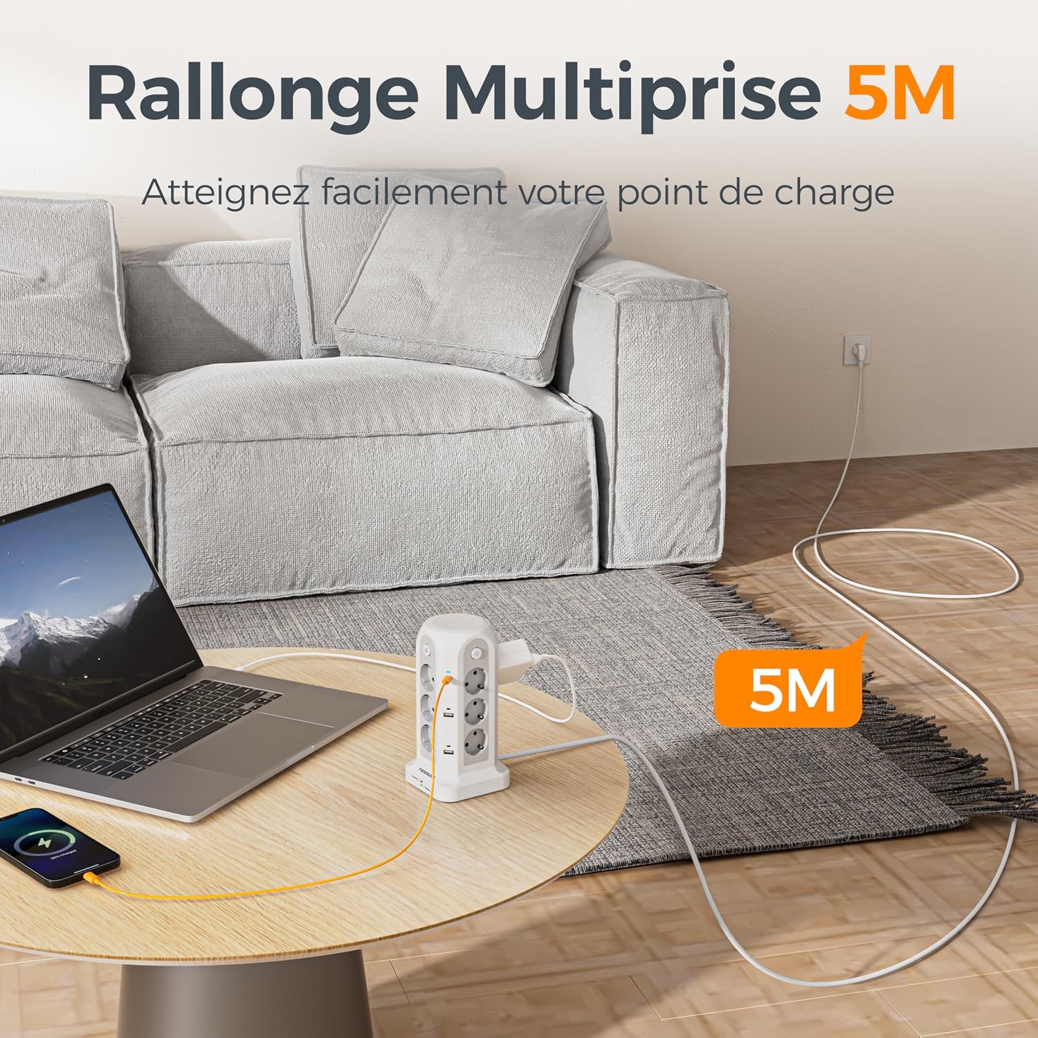 Thumbnail 3 de TESSAN Tour Multiprise avec Interrupteur: 6 USB (4A2C) + 12 prises, rallonge 5m, parafoudre — bureau et maison