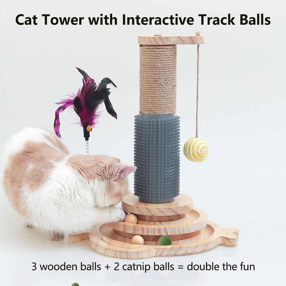 Detalle de Marchul 5 in 1 Cat Toys scratching post with sisal, massage brush and interactive play tower