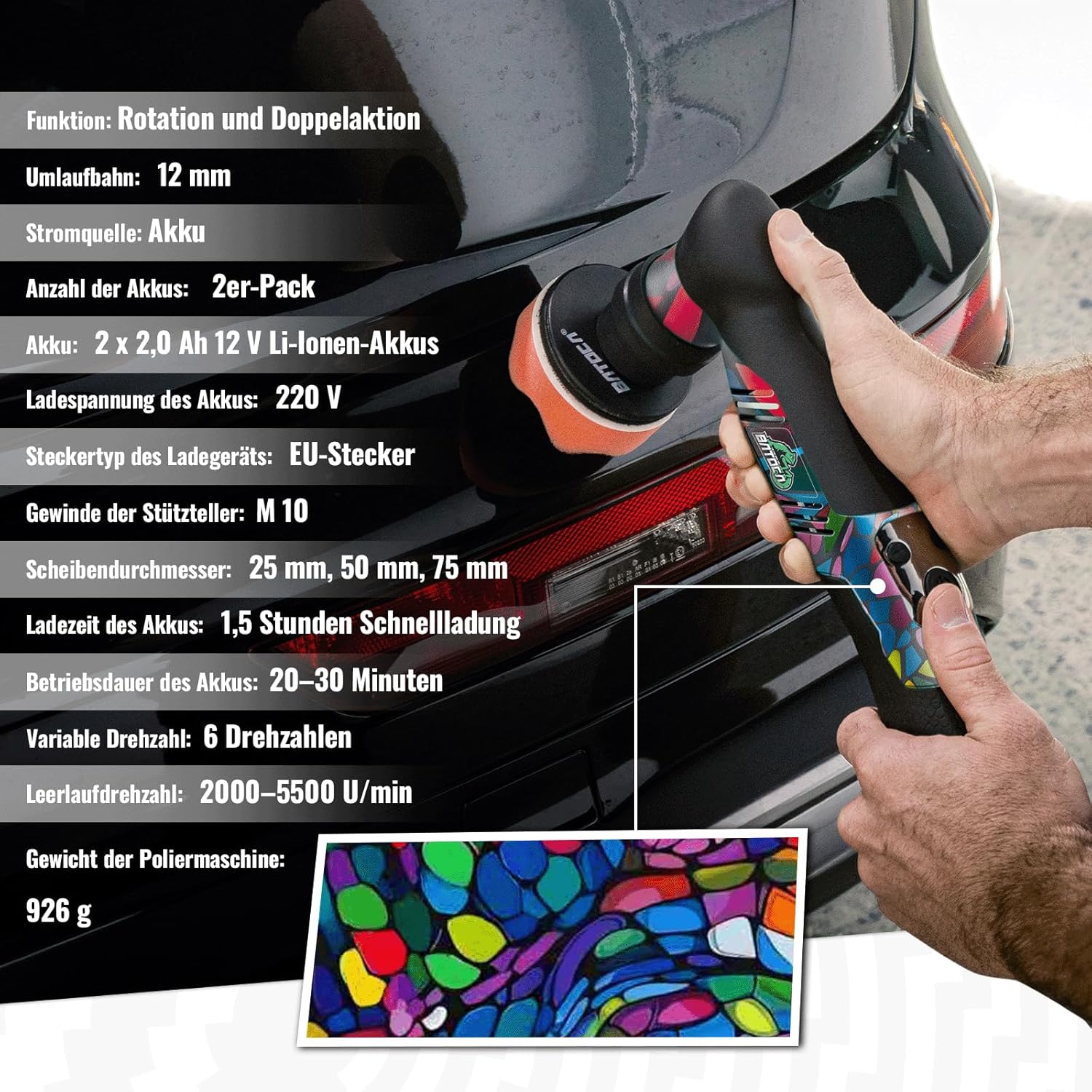 Thumbnail 6 de BATOCA S5 Akku Mini-Poliermaschine – Rotations- und Exzentersystem mit 2 Akkus und 25/50/75 mm Pads