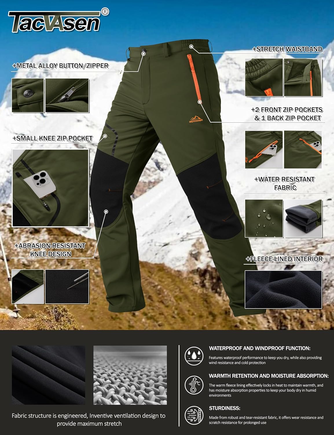 Detalle 2 de TACVASEN outdoor winter trousers, fleece softshell