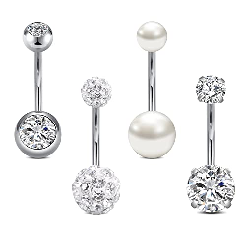 Detalle de Rajnard Bauchnabelpiercing 14G 12mm – 4er Set aus Chirurgenstahl mit CZ-Perle und Kristallkugel
