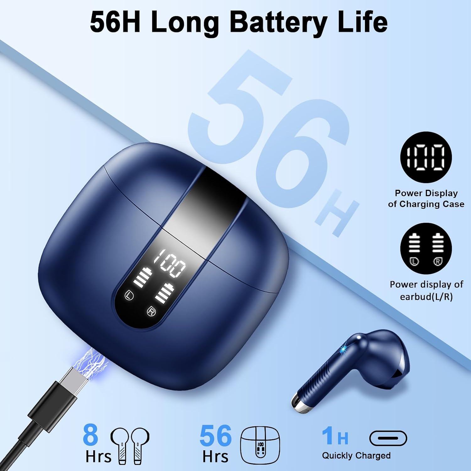 Detalle de Drsaec Wireless Earbuds Bluetooth 5.4 with 4× ENC Mic, 56H Playtime & IP7 Waterproof