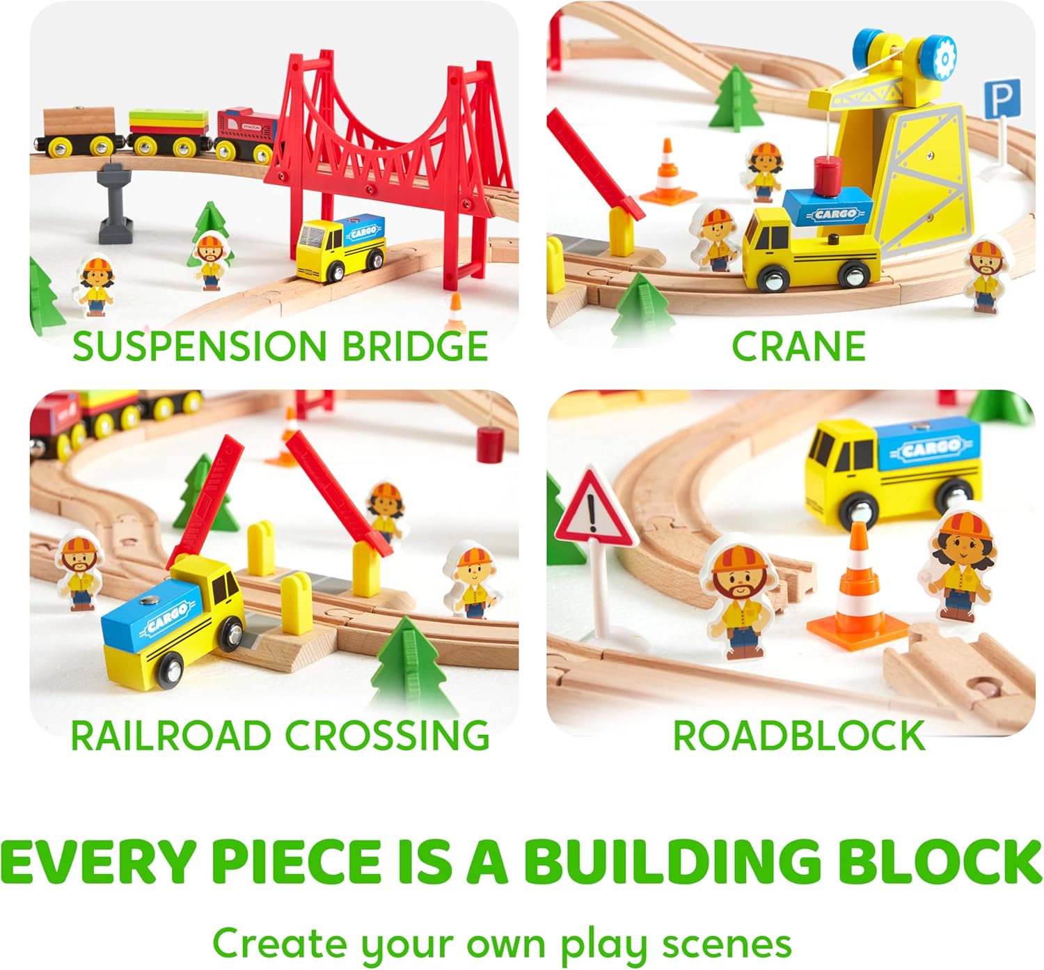 Detalle de SYNCFUN 60-piece Montessori wooden train set with magnetic crane