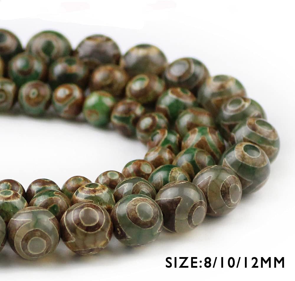 Thumbnail 1 de LadayPoa 12mm Natural Agate Dzi Beads, Gray Green, Three-Eye Pattern
