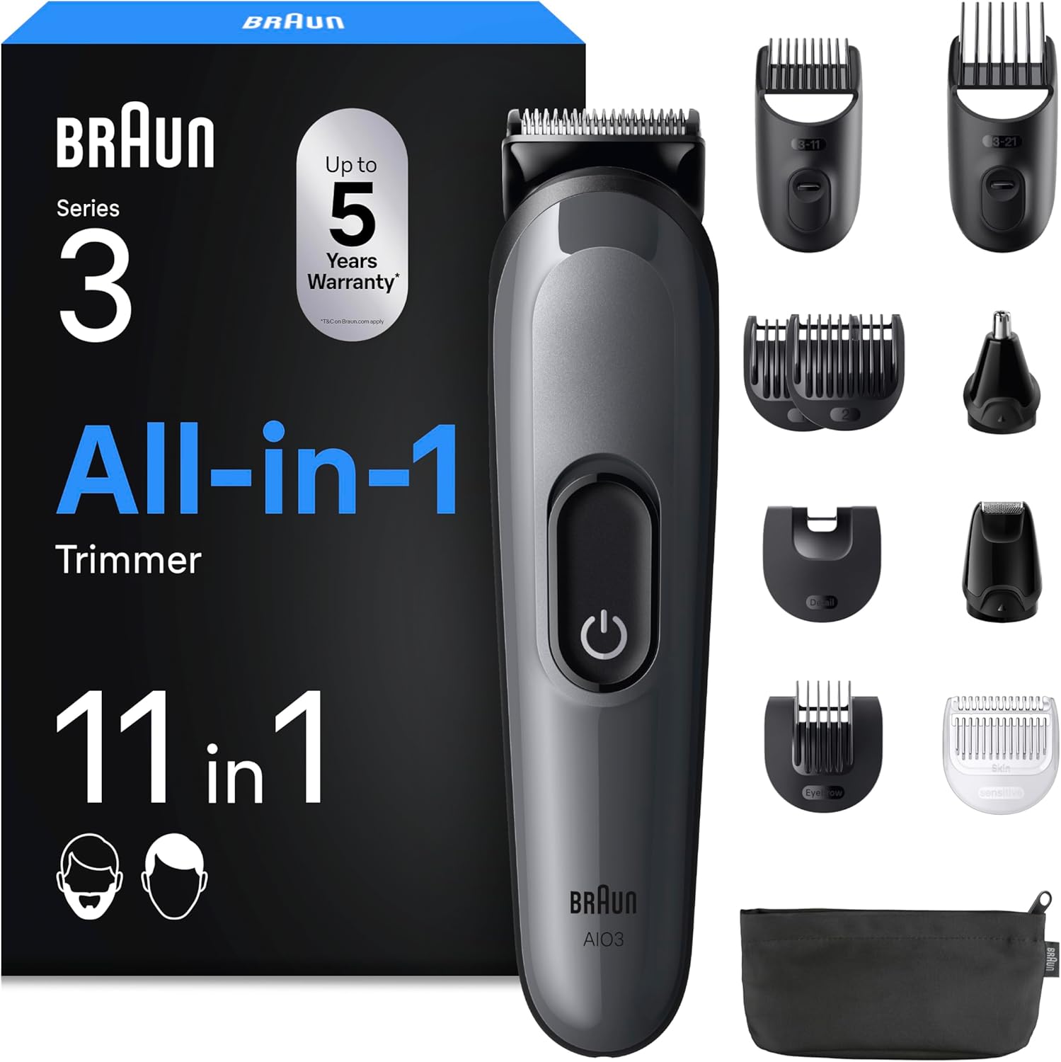 Detalle de Braun All-in-One Trimmer-Set 3 (11-in-1) – Multigroom für Bart, Gesicht und Kopf, 50 Min Akku, 14‑Längen 3–21 mm
