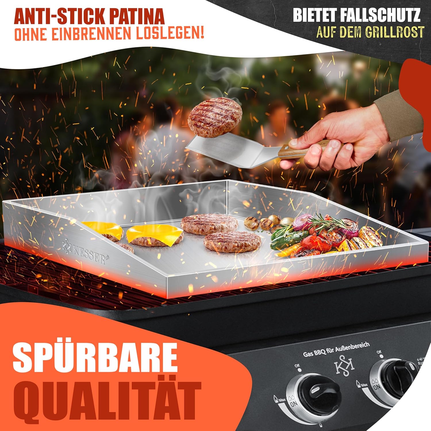 Thumbnail 4 de KESSER Plancha Grillplatte aus Edelstahl mit Deckel (40 x 30 cm) bis 800 °C, mit Fettablauf – inkl. 2 Spatel, Schürze, Grillmatte & Rezeptbuch