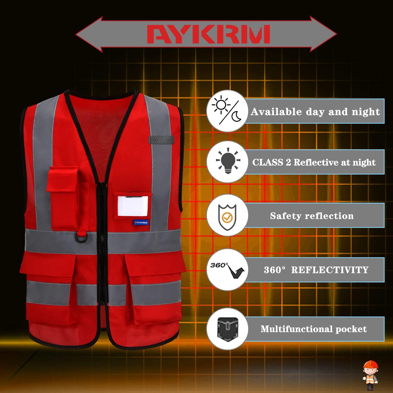 Thumbnail 1 de AYKRM 21 Colours High Vis Vest with Front Zipper and 7 Pockets