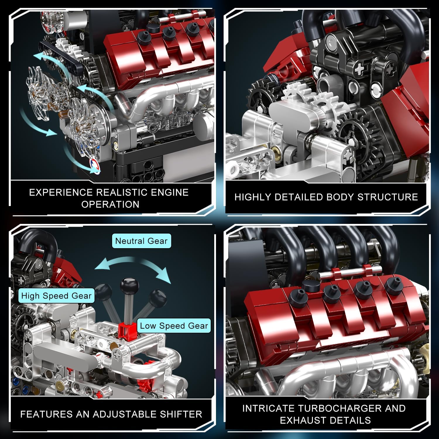 Detalle de Mould King 10227 V8-motorbouwset met 787 bouwstenen en batterijmotor