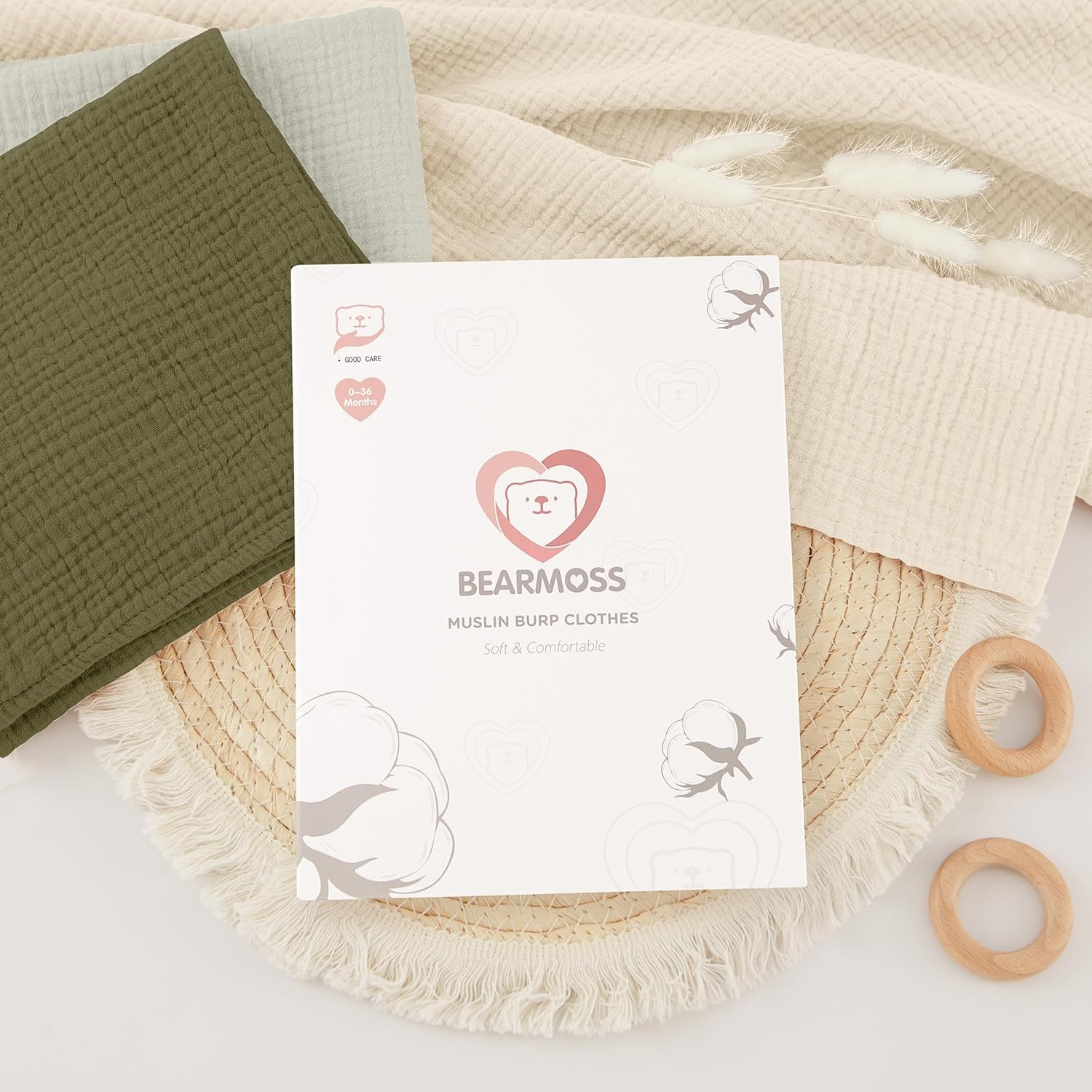 Detalle 2 de bearmoss Muslin Squares Cloths – 100% Cotton Baby Burp Cloths, 60x60cm, Large Ultra-Absorbent, 6-Pack (Moss Rocks)