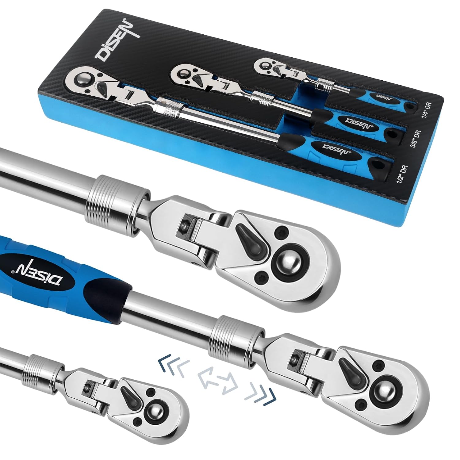 Detalle de DISEN DISEN-3HDTJLB Extendable Flex-Head Ratchet Wrench Set, 3-Piece, 72-Tooth