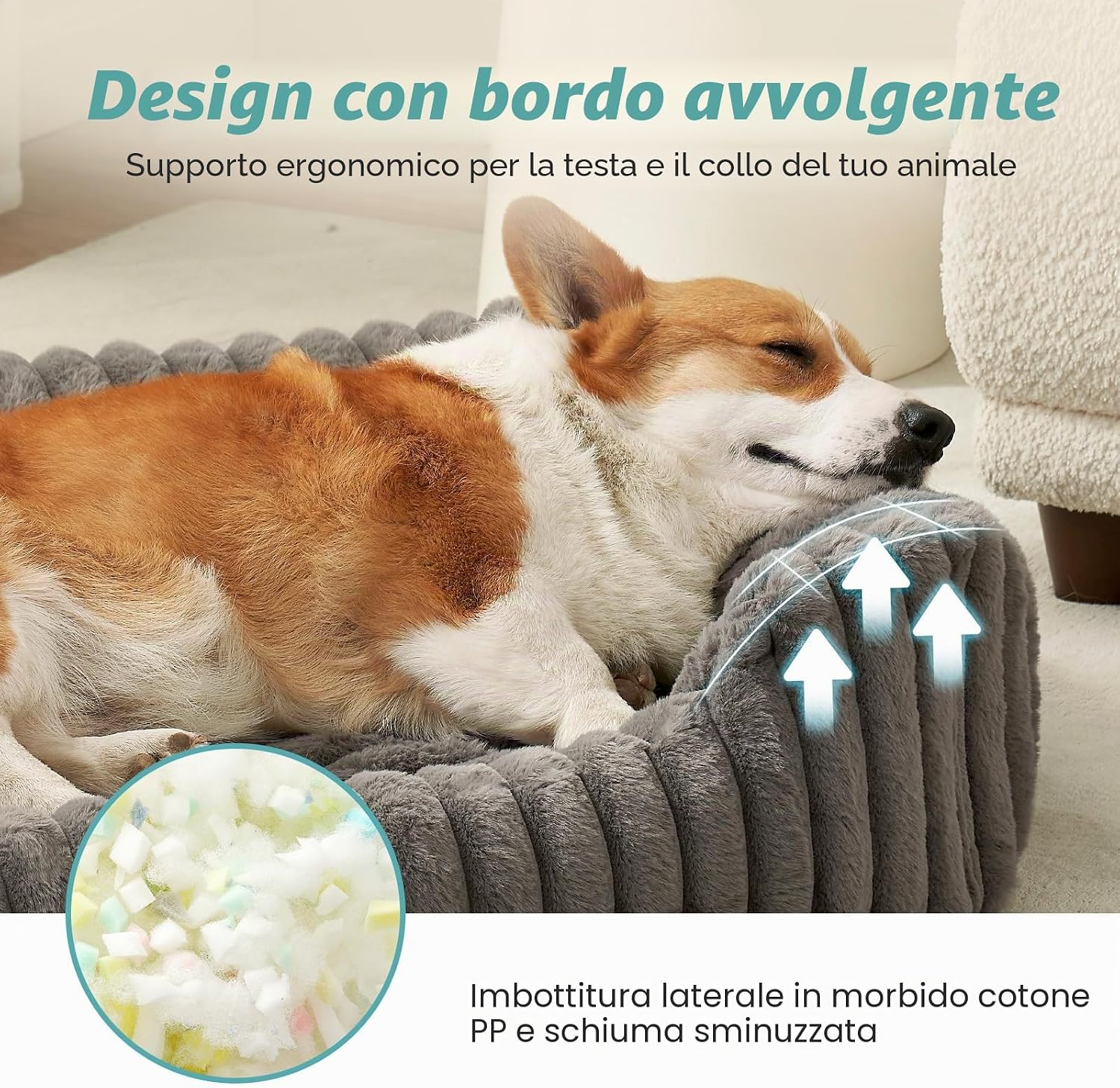 Detalle 2 de COZY KISS Confortabile Divano per Cani e Gatti — Cuccia Ortopedica con Bordo Rialzato e Pelliccia sintetica