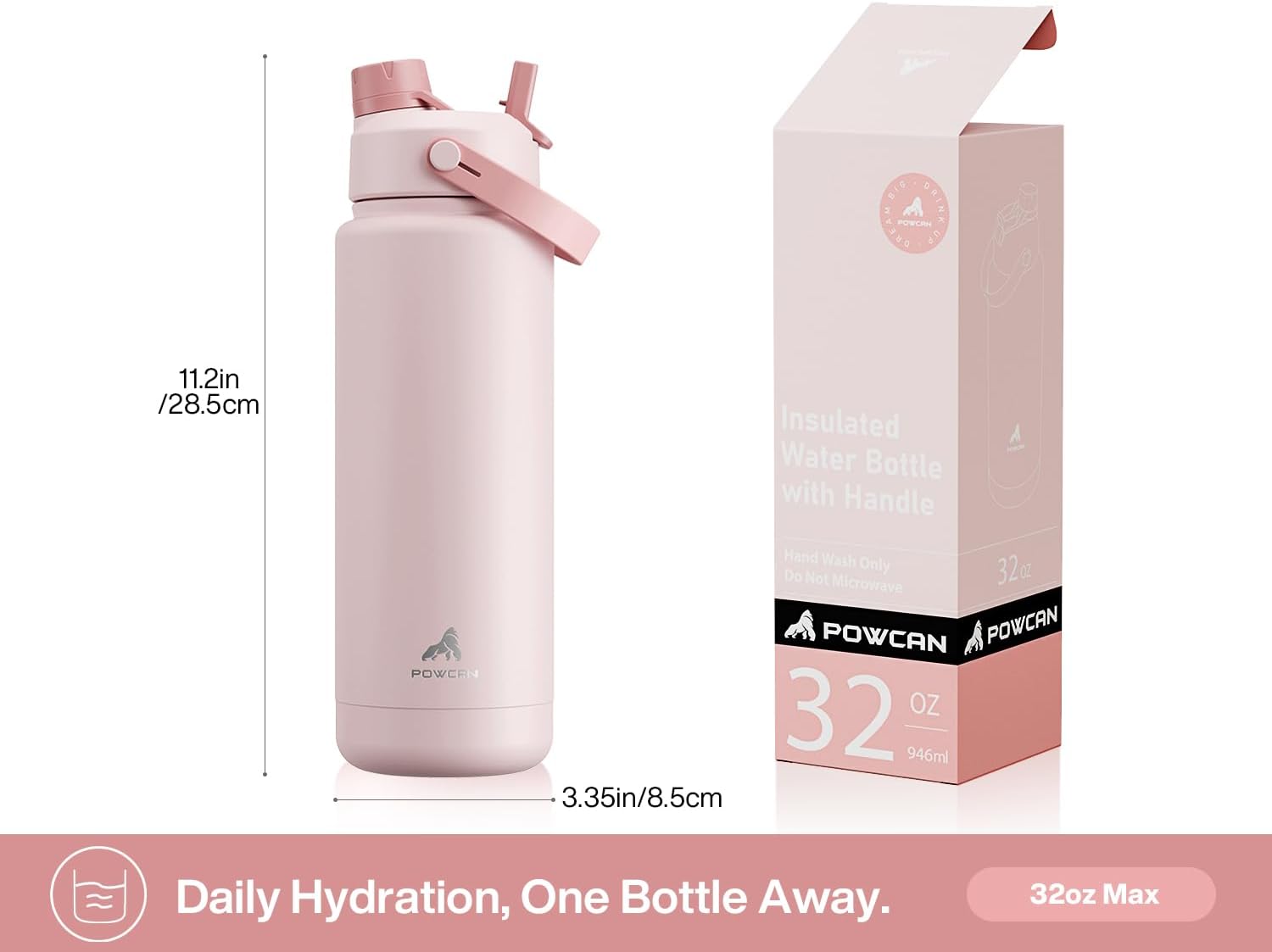 Detalle 1 de POWCAN 32 oz Insulated Water Bottle with 2-in-1 Lid, Cotton Candy