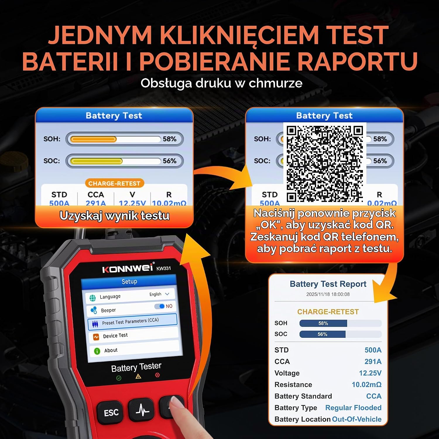 Thumbnail 6 de KONNWEI KW331 tester akumulatorów 6 V, 12 V i 24 V, kolorowy ekran, drukowanie wyników