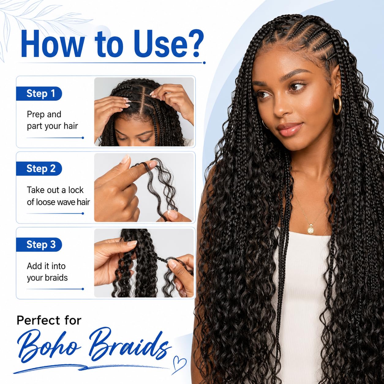 Detalle 2 de BIZVUS 110g 18-Inch Deep Wave Boho Braiding Hair (3 Bundles) in Natural Color #1B
