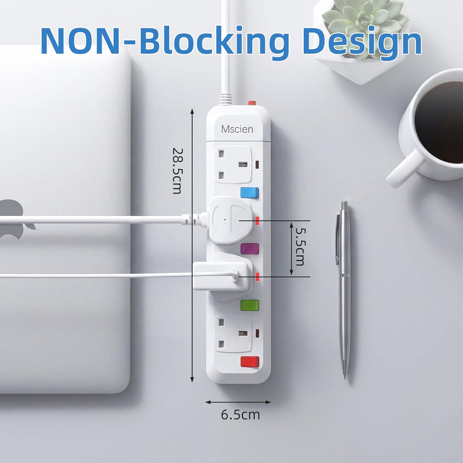 Thumbnail 3 de Mscien 1m 4-Way Wall-Mounted Extension Lead with Individual Switches (2500W, White)