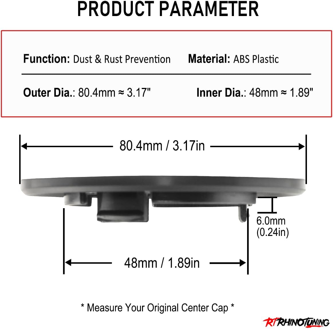 Detalle de RhinoTuning 4-Pack 80.4 mm Wheel Centre Caps for Audi A3/A4/A5 (80.4 mm) – Black Hub Caps