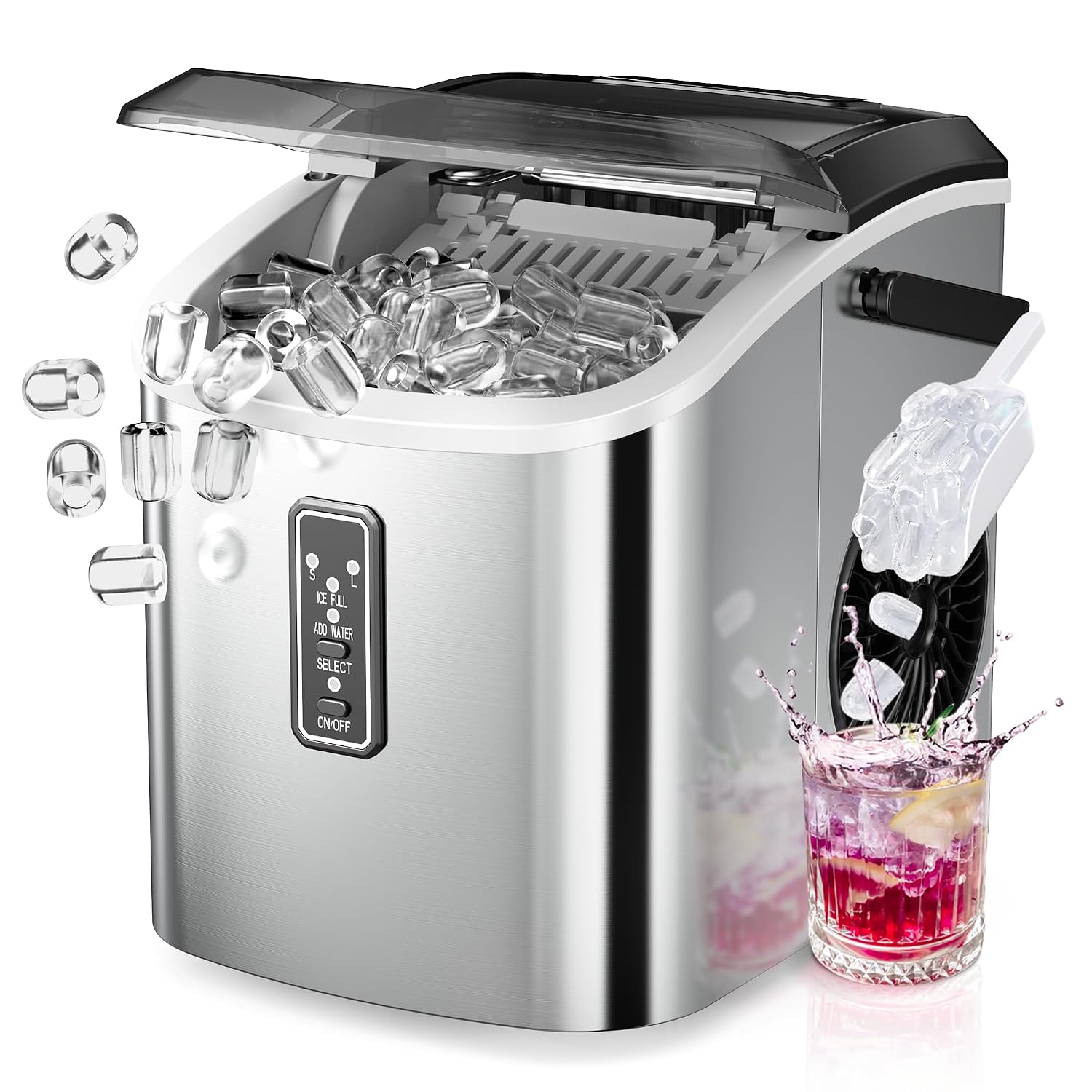 Detalle de EUHOMY IM008-B Countertop Ice Maker, Two Bullet Ice Sizes, Self-Cleaning