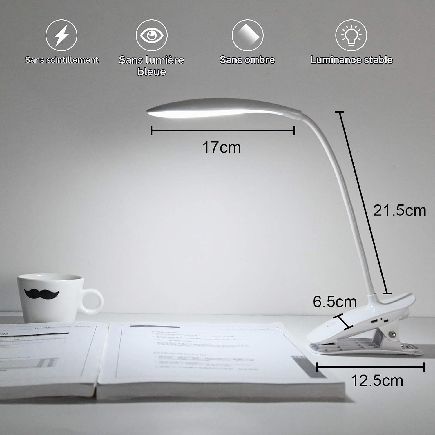 Detalle de URAQT LED-klemlamp met USB-oplaadbare batterij, 3 lichtstanden en flexibele hals
